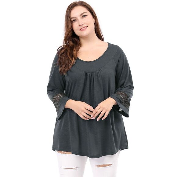 Women's Plus Size Crochet Panel Kimono Raglan Sleeves Tops Dark Grey - Picture 3 of 6